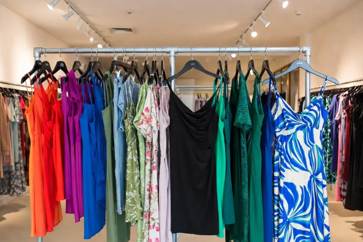 Rack of colorful Viva Fashion dresses in various styles for casual and special occasions
