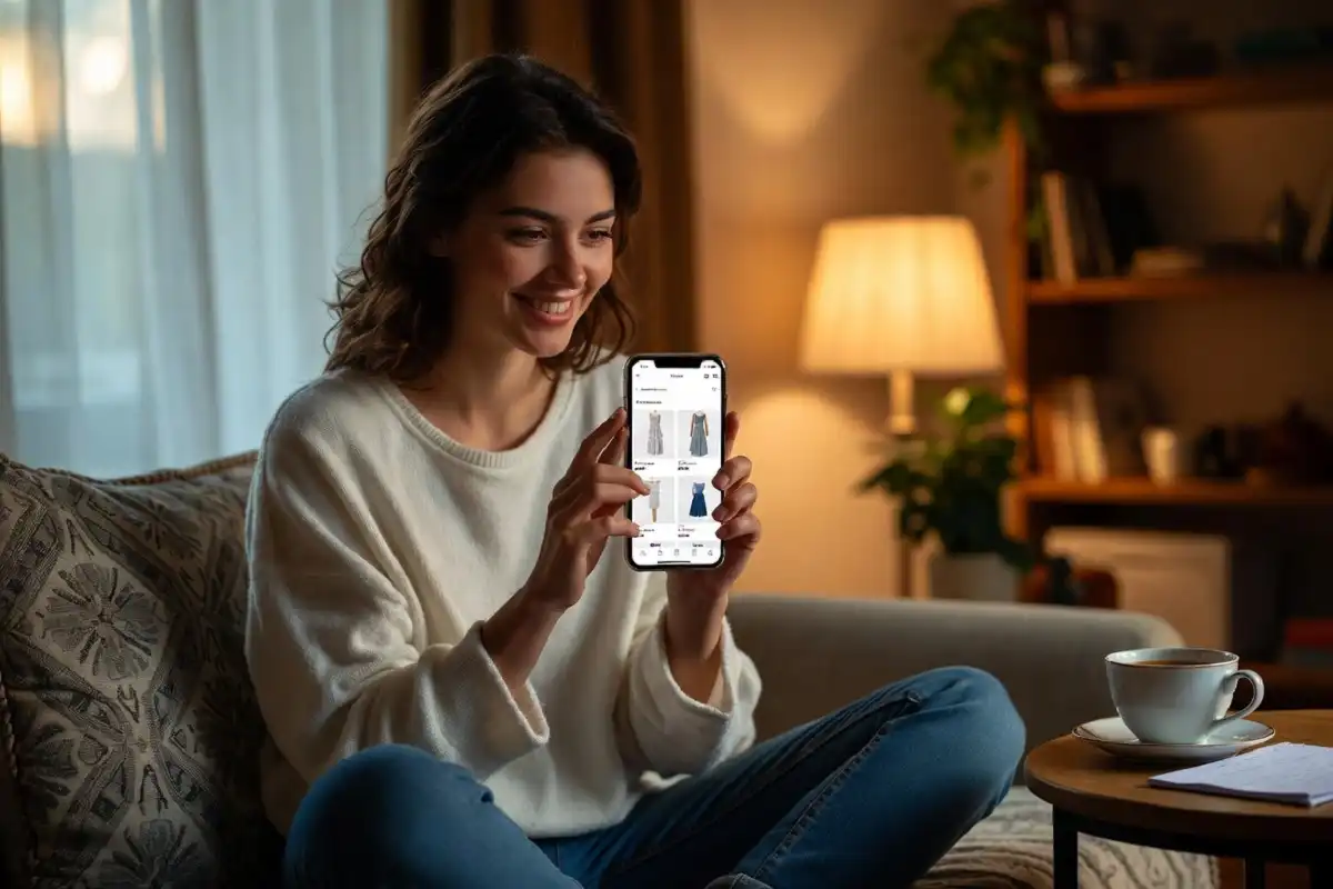 Person browsing the Viva Fashion online store on a smartphone showing clothing categories