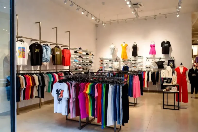 Colorful Viva Fashion store interior showing urban streetwear clothing displays and accessories