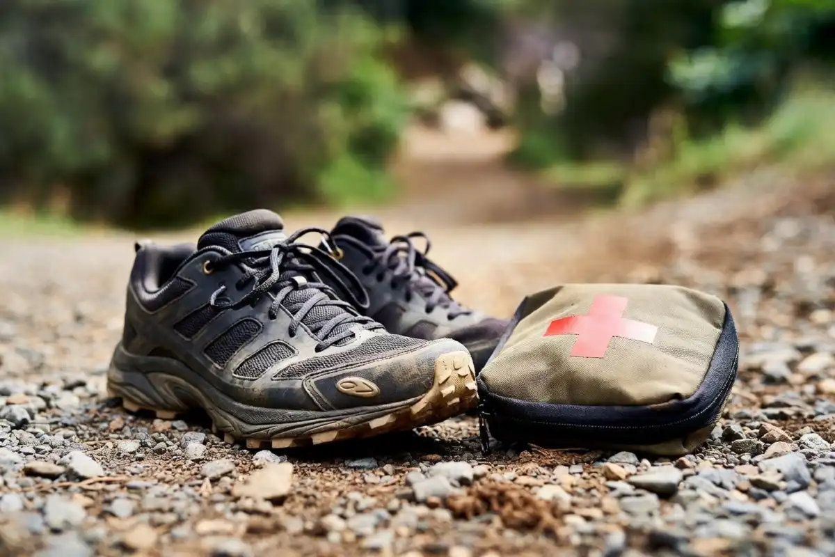 Trail shoes and first aid kit as part of budget hiking essentials