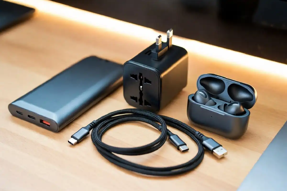 Travel tech accessories including power bank, adapter, and earbuds on a desk