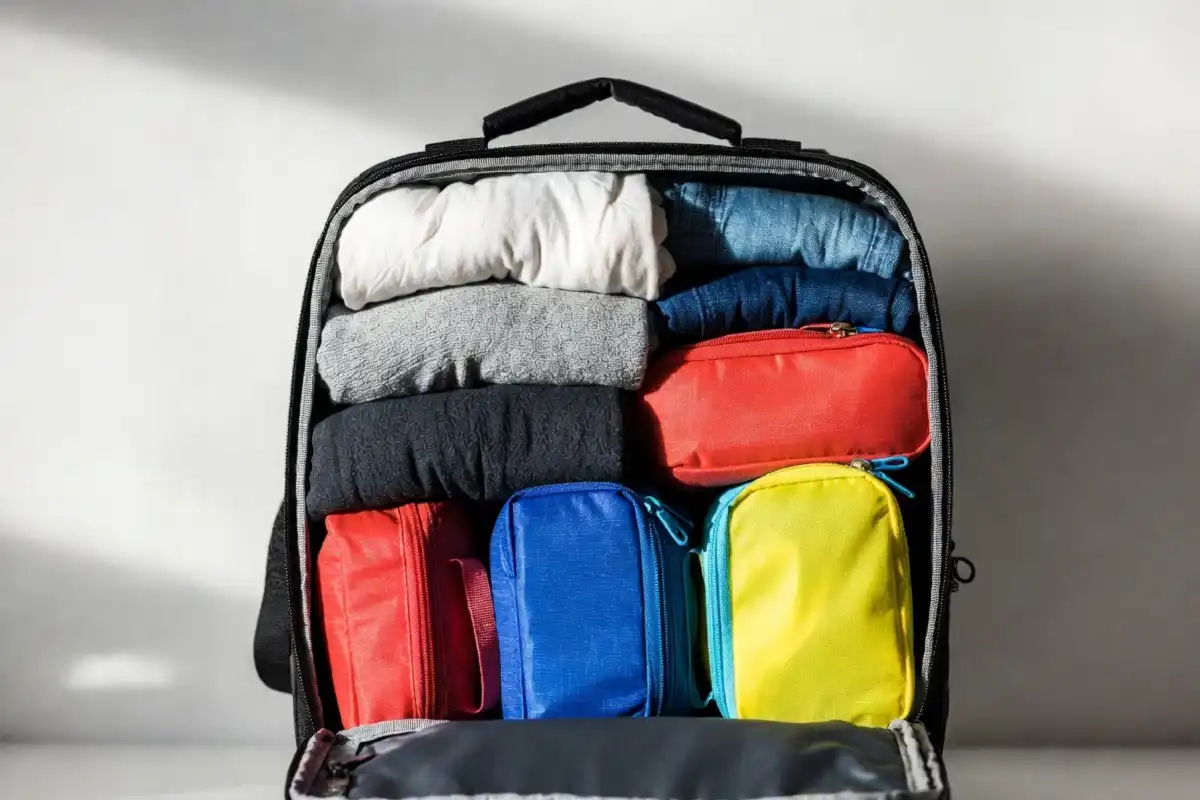 Rolled clothes and packing cubes neatly arranged inside an open backpack