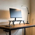 Tidy modern desk with useful desk gadgets including a lamp and monitor stand
