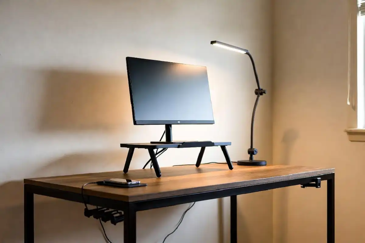 Tidy modern desk with useful desk gadgets including a lamp and monitor stand
